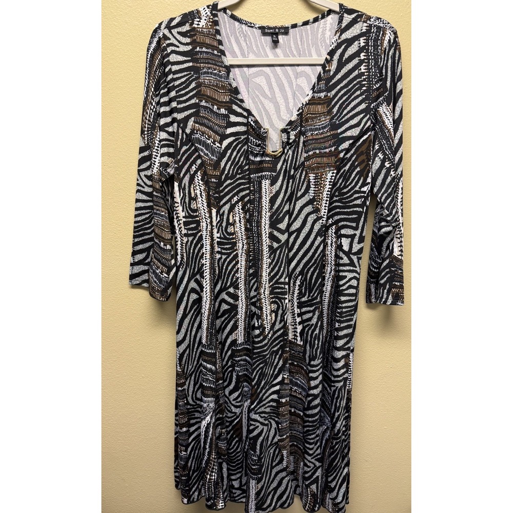 Sami & Jo Dress Animal Print Knit Stretch Dress XL 3/4 Sleeve Pleated